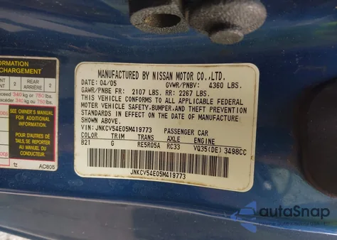 2005 Infiniti G35 z USA, uszkodzony, nr VIN JNKCV54E05M419773